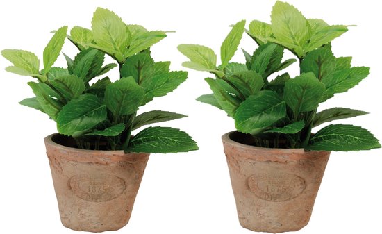 2x stuks kunstplanten muntkruiden in terracotta pot 16 cm - Kunstplanten/nepplanten
