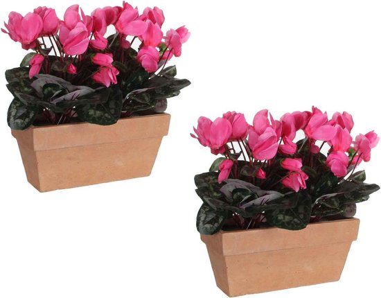 2x stuks cyclaam balkon kunstplanten roze in keramieken pot L29 x B13 x H33 cm - Kunstplanten/nepplanten/balkonplanten
