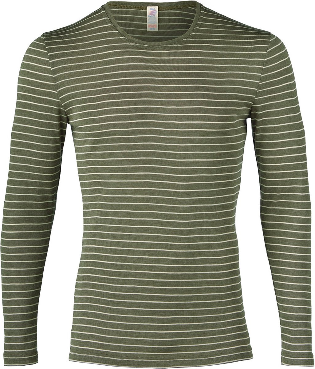 Engel Natur Heren Shirt Lange Mouw Zijde - Bio Merino Wol GOTS Olijfgroen Gestreept 46/48M