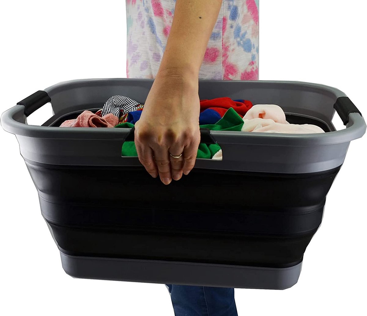 SAMMART Inklapbare 3 handled plastic wasmand, opvouwbare pop-up voorraadbak/ organizer, draagbare wasbak, ruimtebesparende mand, wit/donkergroen, 30 liter