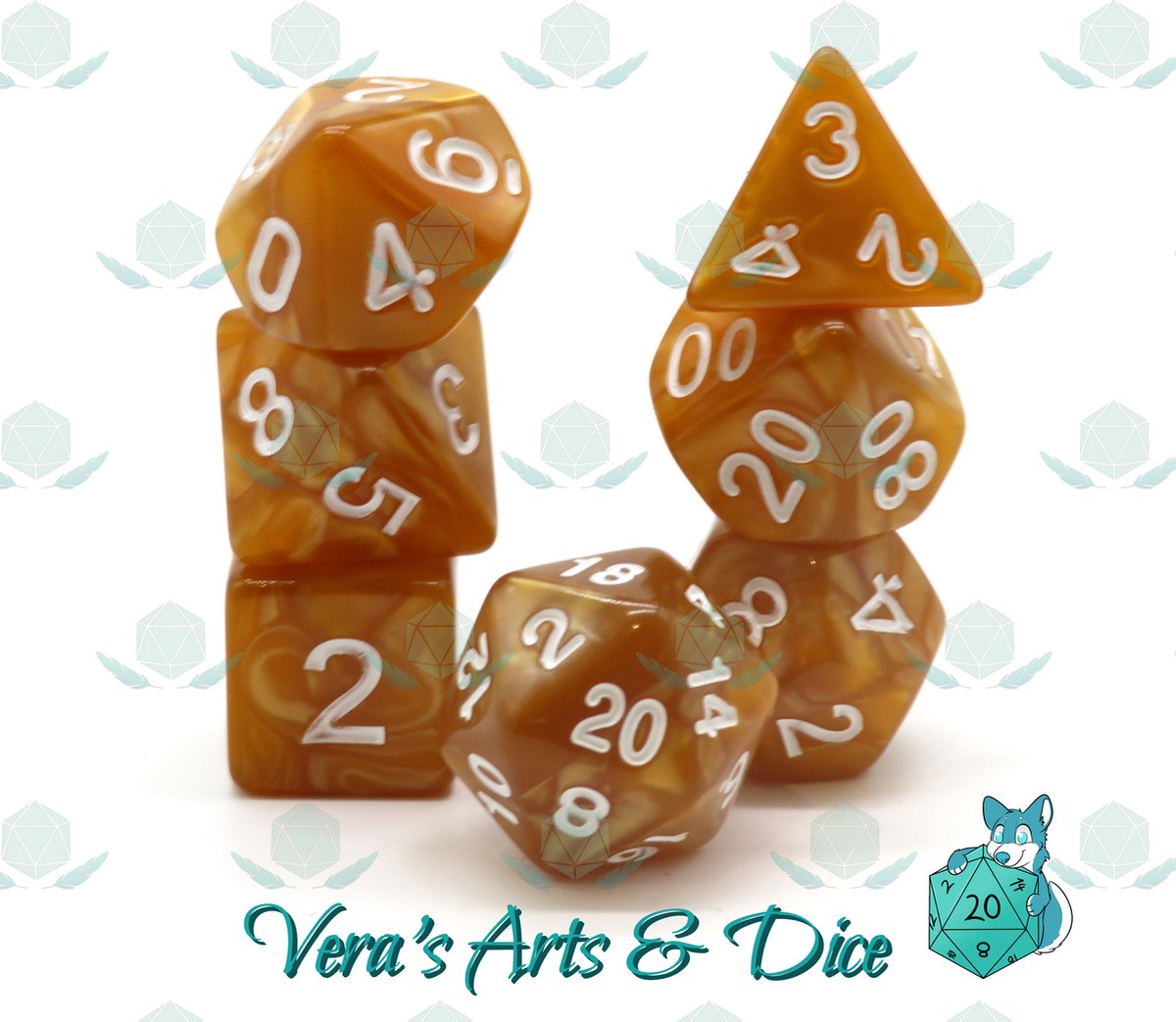 Polyset Dice | Dobbelstenen - Set Van 7 Stuks - Parelmoer Oranje Geel en Wit | Polydice | Voor D&D en Andere Rollenspellen | Plastic Dobbelstenen Set voor Dungeons and Dragons | Polyhedral Dice Set | Zwarte Velvet Dice Bag voor Ongeveer 3 Sets
