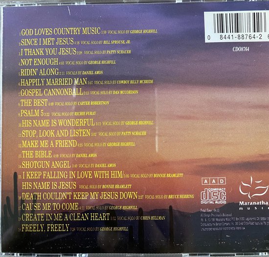 Achterkant van de CD Long Play Country Gospel met tracklist, artiesten en Maranatha! Music logo. Woestijnlandschap bij zonsondergang.