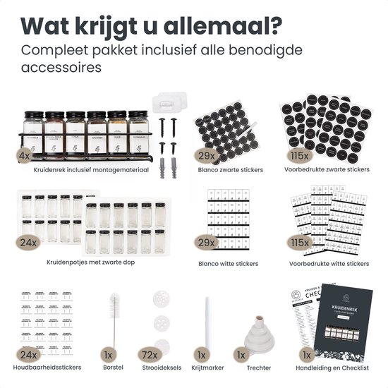 Organess Étagère à épices avec 24 Pots d'herbes aromatiques - Étagère à épices à suspendre - Set complet - 4 pièces - Zwart