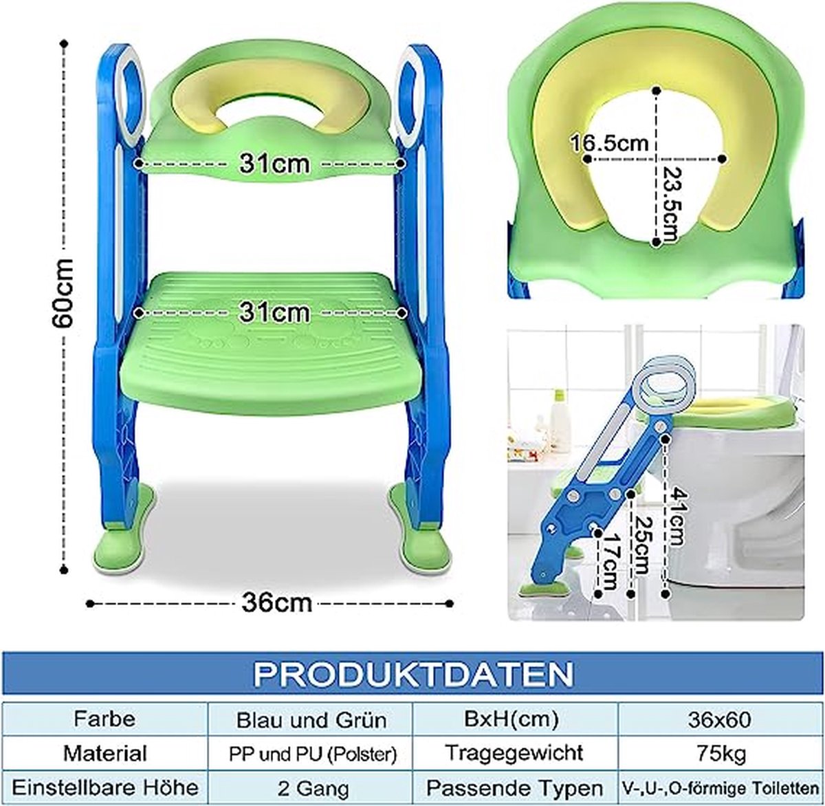 LARS360 Foldable Toilet Trainer for Children with Ladder Stairs Handles Height Adjustable Children's Potty Toilet Seat Green Children's Toilet Training Potty Trainer for Toddlers