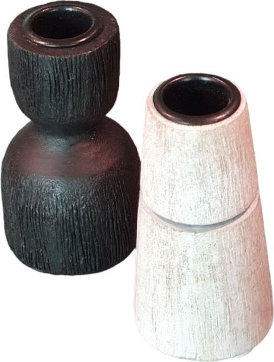 Kandelaars 2 stuks, klein, hout, zwart/wit set van 2 stuks Kerst-kandelaar