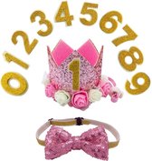 11-delige verjaardags set met hoedje met cijfers en strik roze - strik - hoed - verjaardag - 1 - 2 - 3 - 4 - cakesmash