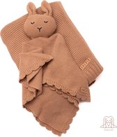 Snufie kadoset konijn knuffel en wiegdeken | 100% katoen | Premium babydeken | extra zacht 100x80cm | Basic Knit | Bruin Khaki