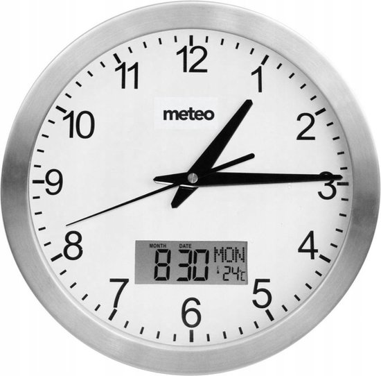 Horloge Murale Moderne - Horloge Météo avec Mouvement Silencieux - Horloge de Bureau avec Jauge de Température - Argent / Wit - Numérique & Analogique - 24cm
