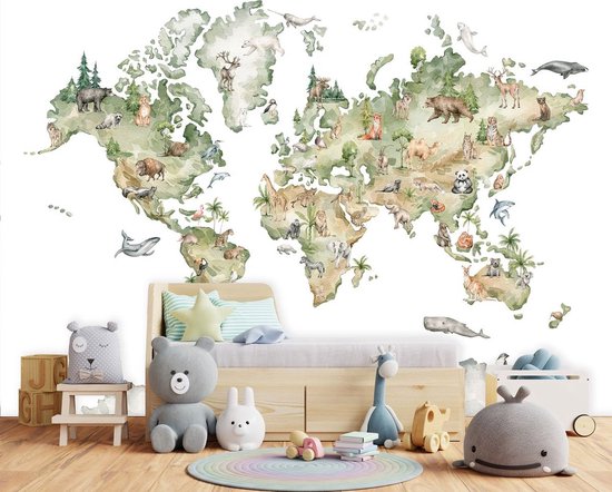 Papier peint photo - Papier peint en Vinyl - Wereldkaart avec des Animaux - Papier peint pour enfants scandinave - 368 x 254 cm