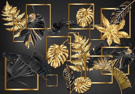 Zwarte en gouden bladeren met gouden vierkanten op een zwarte muur.