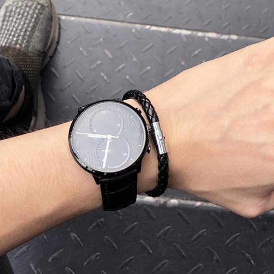 Gevlochten Leren Armband met Stalen Sluiting | Armband Heren | Armband Mannen | Armband Dames | Mannen Cadeautjes | Cadeau voor Mannen | Zwart