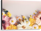 Canvas - Roze, Gele en Witte Bloemen op Beige Achtergrond - 100x75 cm Foto op Canvas Schilderij (Wanddecoratie op Canvas)