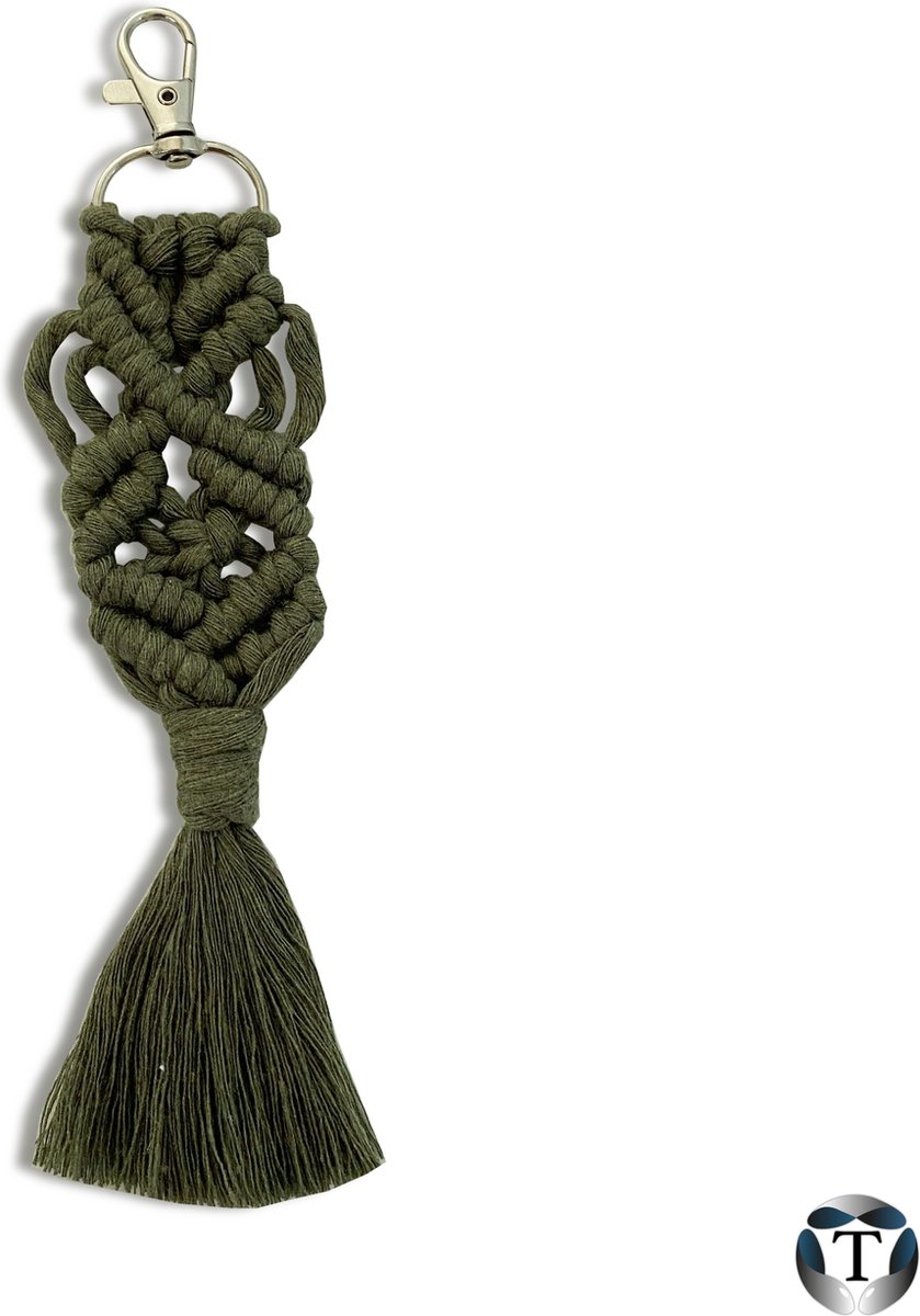 Sleutelhanger | Macramé | Olijfgroen | Geknoopt | Sleutelhanger Macramé | Sleutelbos | Autosleutel | Tas | Hanger | Handgemaakt | 100% Katoen | Cadeau Idee | Diverse Kleuren | TheOldOmen |