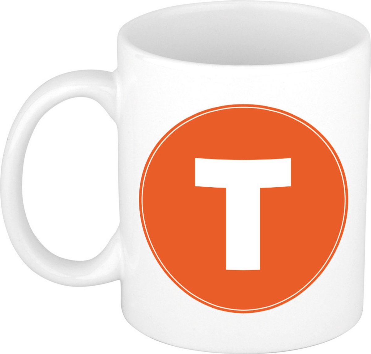 Koffie mok met de letter T - beker - oranje - eerste letter van een voornaam - wit - 300 ml