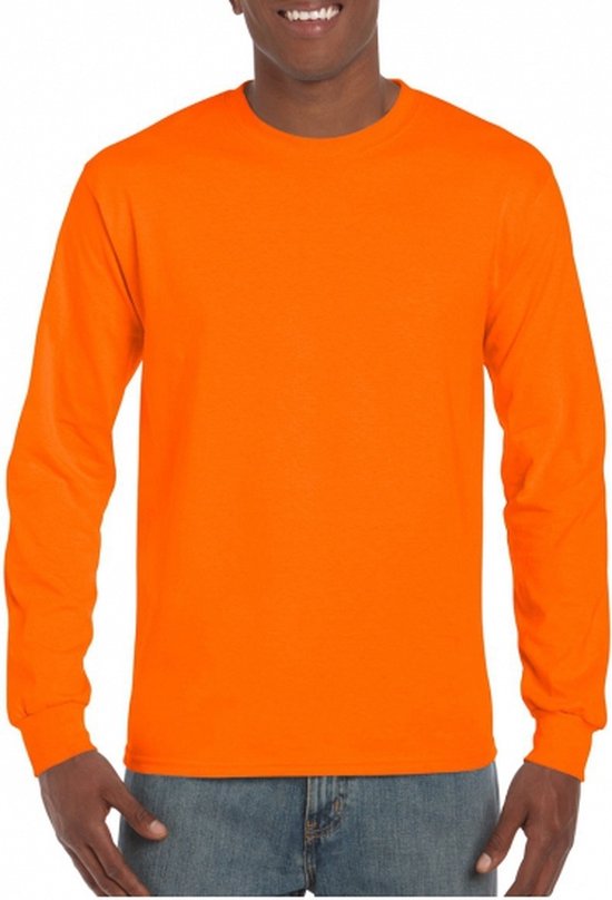 Heren t-shirt lange mouw fluor oranje M