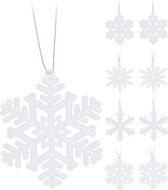 8x Kersthangers figuurtjes witte sneeuwvlok/ster 10 cm glitter - Sneeuw thema kerstboomhangers - Kerstboomversieringen koper