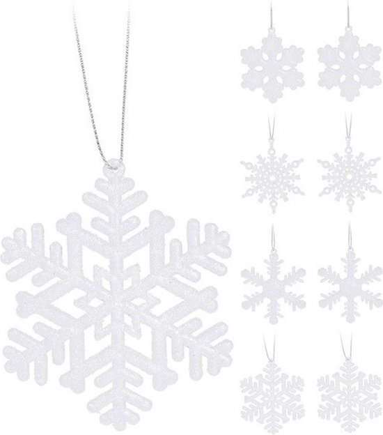 8x Kersthangers figuurtjes witte sneeuwvlok/ster 10 cm glitter - Sneeuw thema kerstboomhangers - Kerstboomversieringen koper
