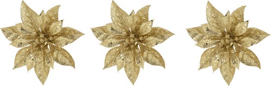 6x stuks decoratie bloemen kerststerren goud glitter op clip 15 cm - Decoratiebloemen/kerstboomversiering