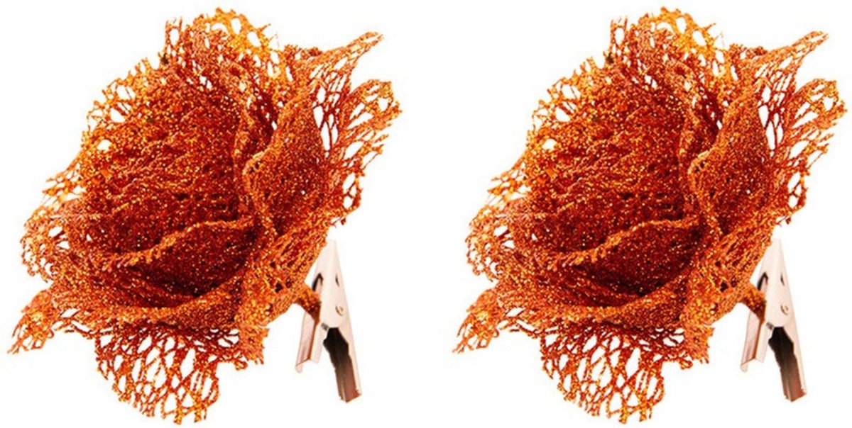 Oranje kanten glitter roos op clip 10 cm - Feestversiering/decoratie