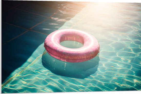 PVC Schuimplaat- Roze Zwemband Dobberend in Zwembad op Zomerse Dag - 90x60 cm Foto op PVC Schuimplaat