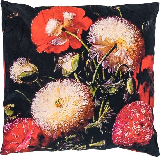 Sierkussen - Velvet Bloemen - Rood - 45 Cm X 45 Cm