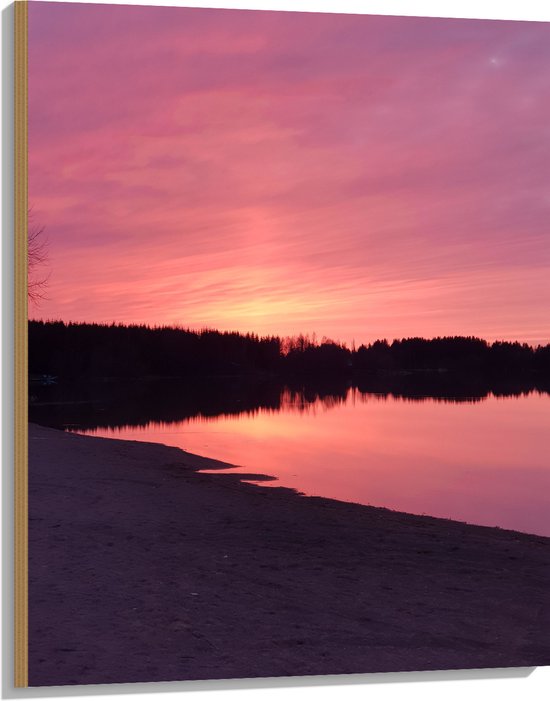 Hout - Landschap - Strandje - Meer - Bomen - Bossen - Zand - Water - Roze - 75x100 cm - 9 mm dik - Foto op Hout (Met Ophangsysteem)