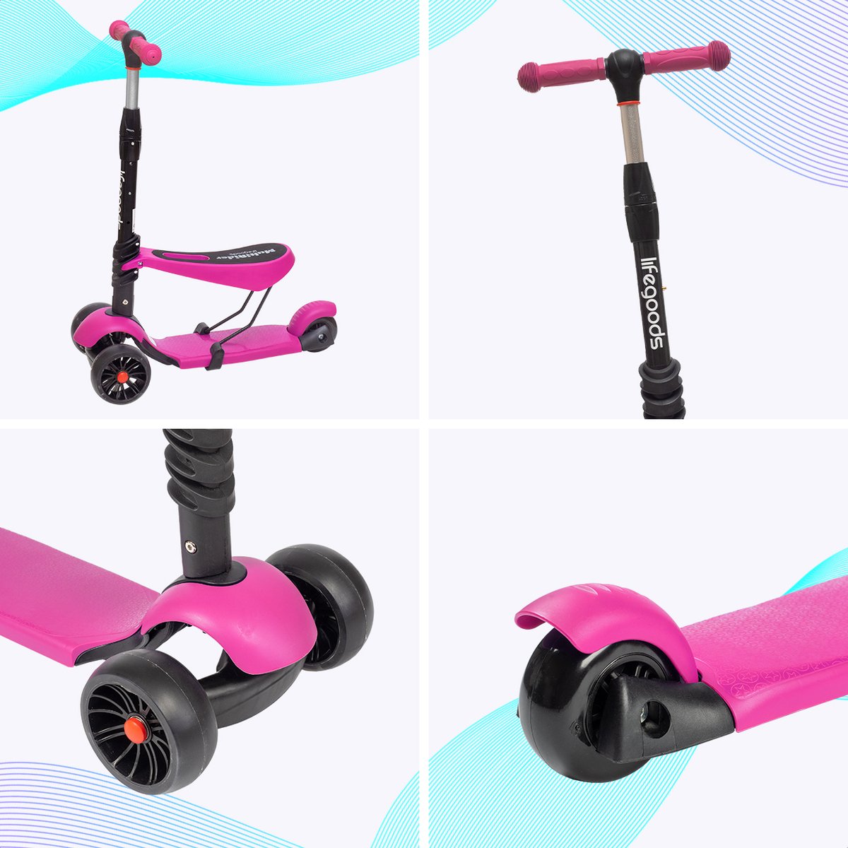 LifeGoods MultiRider Kinderstep - Step 3-8 Jaar - Hoogte Verstelbaar Zitje - Lichtgevende LED Wielen - Jongens/Meisjes - Roze — afbeelding 10