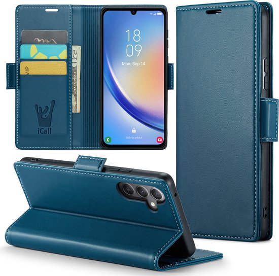 Étui livre bleu pour téléphone, avec emplacements pour cartes et téléphone fermé.