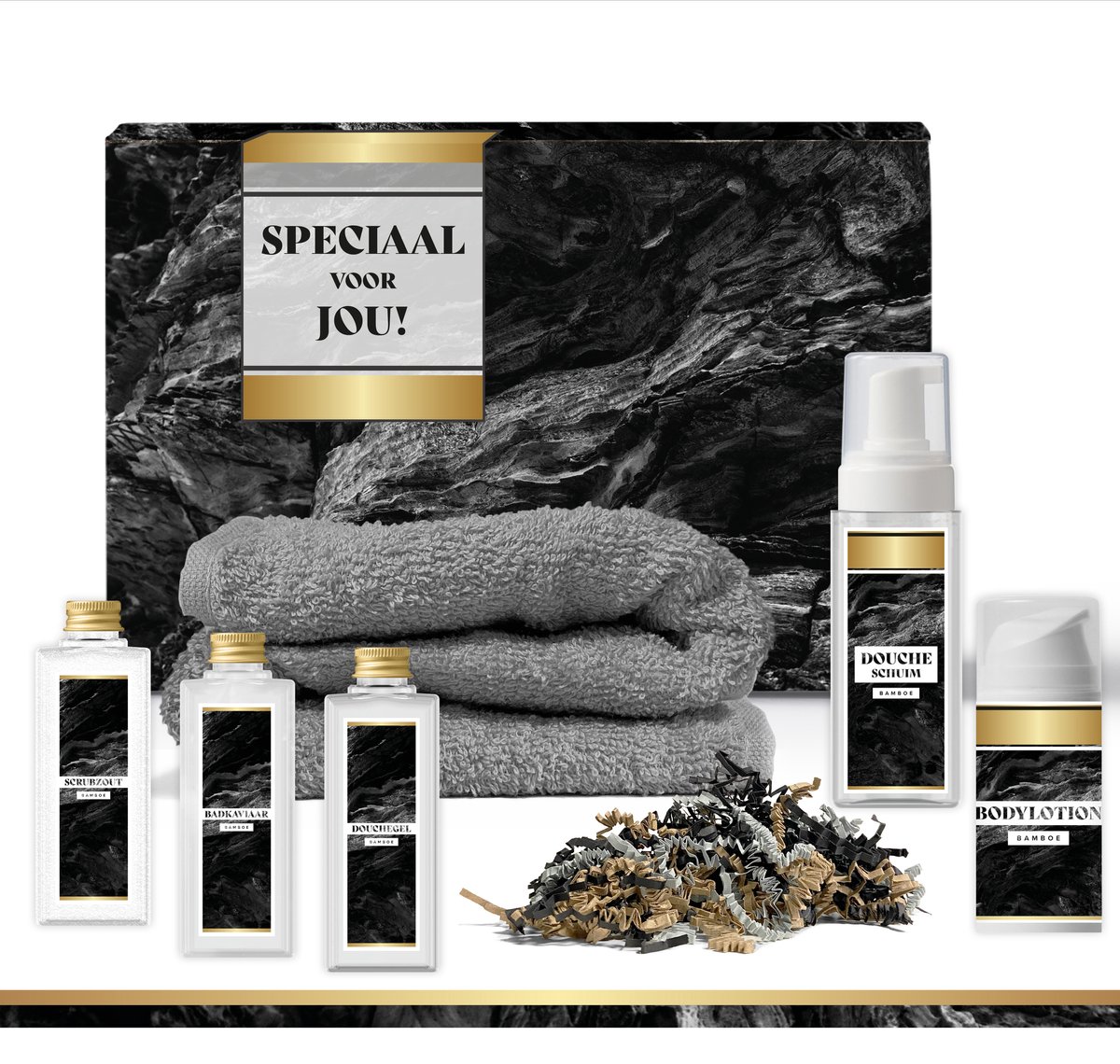 Goedkoopste Geschenkset Speciaal voor jou - 6 producten - 800 gram | Luxe cadeauset voor hem - Cadeau man - Giftset Vaderdag - Verjaardag Vader - Wellness Giftset Handdoek - Doucheschuim Bamboe - Shampoo - Bodylotion - Scrubzout - Luxe Cadeaudoos - Goud Zwart