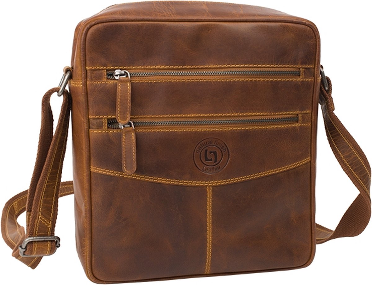 Landleder - Schoudertas - "New Grassland" - Leer - "Pull-up Effect" - Bruin - afmeting 26 x 9 x 29 cm.