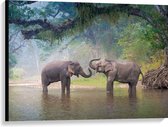 Canvas - Spelende Olifanten in Beekje in de Jungle - 100x75 cm Foto op Canvas Schilderij (Wanddecoratie op Canvas)