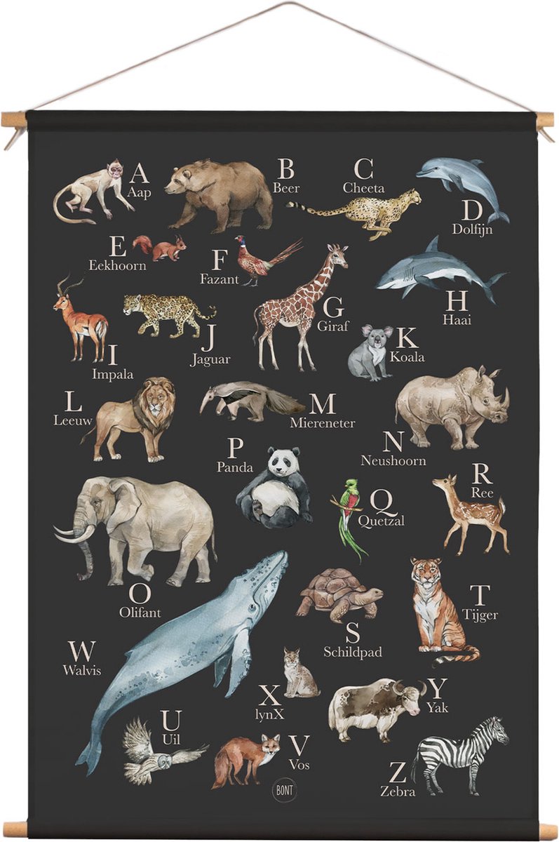 BONT | Textielposter Kinderkamer antraciet - Poster Alfabet - Dieren - Educatief - Schoolposter - Kinderkamer - Vermenigvuldigen - 45x60 cm