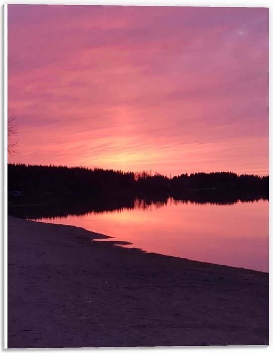 PVC Schuimplaat - Landschap - Strandje - Meer - Bomen - Bossen - Zand - Water - Roze - 30x40 cm Foto op PVC Schuimplaat (Met Ophangsysteem)