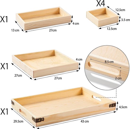 Plateau de service 7 pièces en bois de pin, avec poignée, plateau  rectangulaire, pour