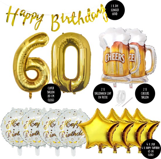 60 Jaar Verjaardag Cijfer ballon Mannen Bier - Feestpakket Snoes Ballonnen Cheers & Beers - Herman