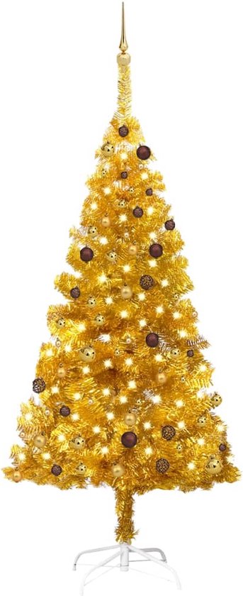 vidaXL - Kunstkerstboom - met - verlichting - en - kerstballen - 210 - cm - PET - goud
