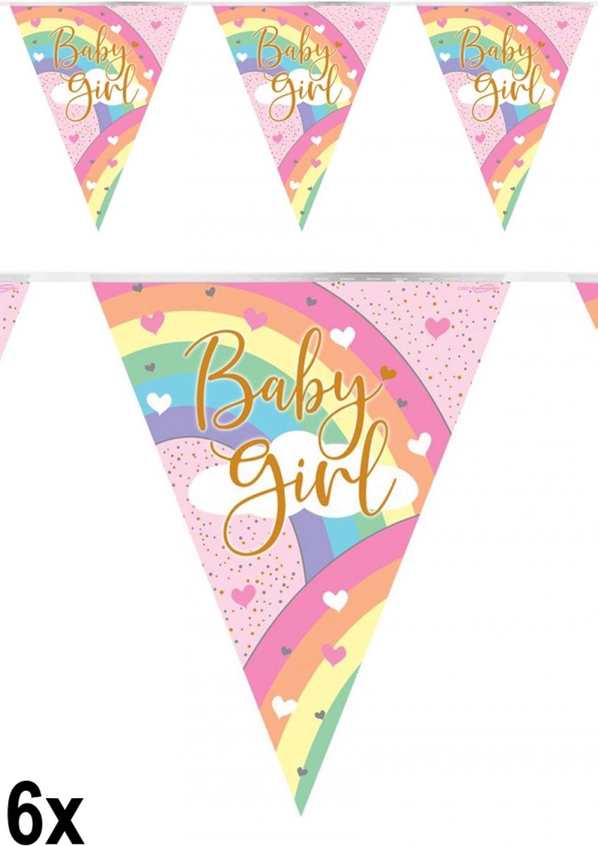 6x Vlaggenlijn pastel baby girl regenboog Holograpic - Vlaglijn geboorte thema feest party