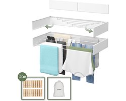 Noswo Droogrek Inklapbaar - Wanddroogrek - Inclusief 20 Wasknijpers - Wasrek Hangend - Uitklapbaar - Muur - Ophangbaar - 4m Drooglengte - Wit