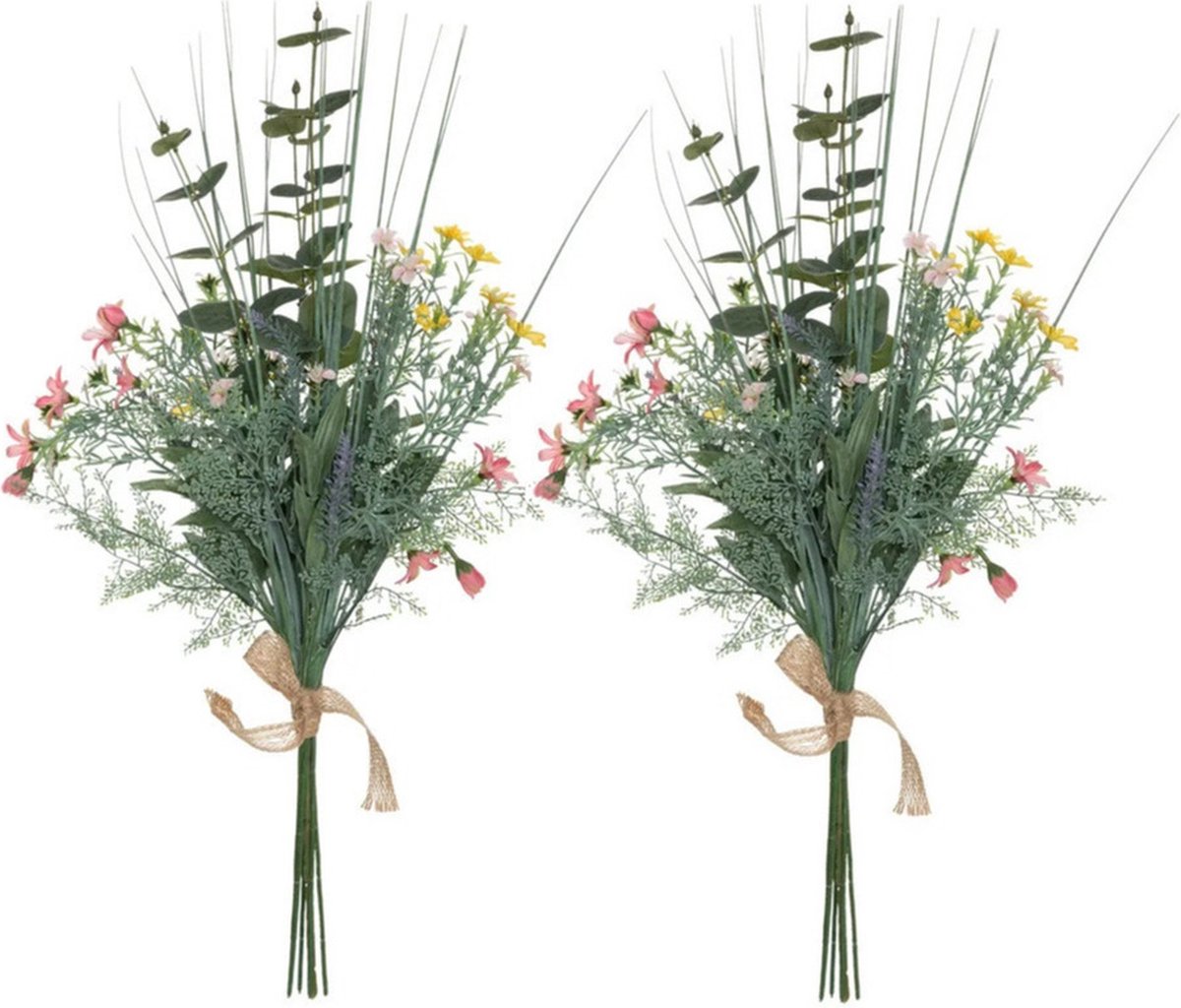 Atmosphera Kunstbloemen boeket Eucalyptus - 2x - 66 cm - Wilde bloemen - groen en kleur Multi