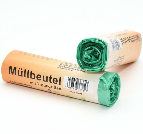 Twee rollen groene afvalzakken met draaggrepen, 30 liter.