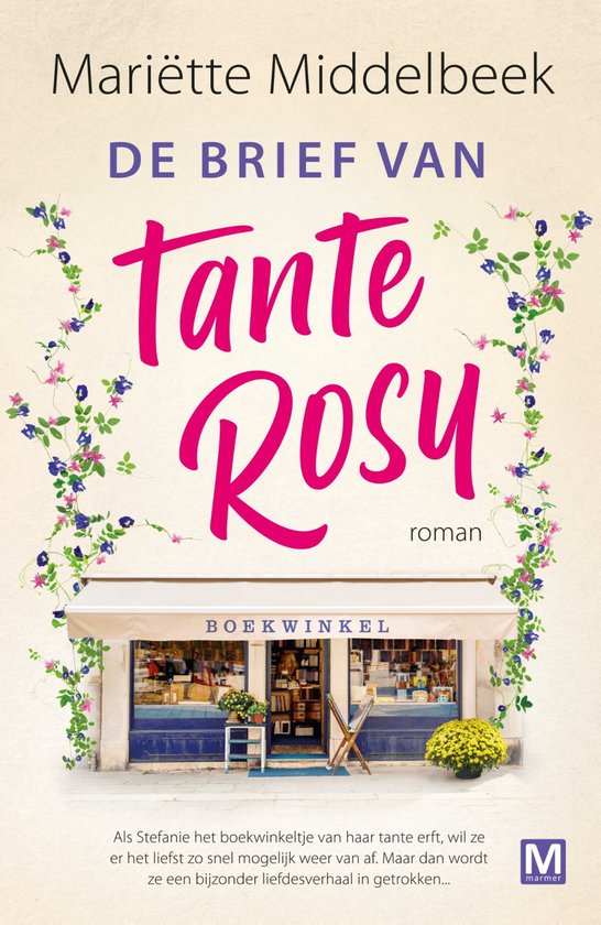 Boekcover 'De brief van tante Rosy' met Mariëtte Middelbeek, een winkelpui en bloemenguirlande.