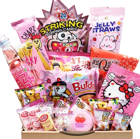 Pink Edition Candy Snack Drink Box ( 17 pcs) - SAMYANG Carnonara Noodle - Mochi Roll - Japan Kitkat Chocolade - Japan Ramune - Asian Snoep Snack pakket - Korean Instant Ramen - Jelly Straws- Verjaardag Geschenkpakket