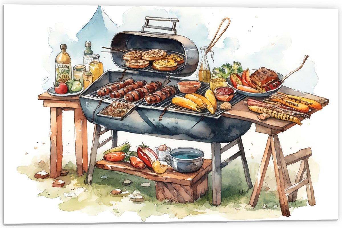 PVC Schuimplaat - Tekening met Barbecue met Eten - 60x40 cm Foto op PVC Schuimplaat (Met Ophangsysteem)