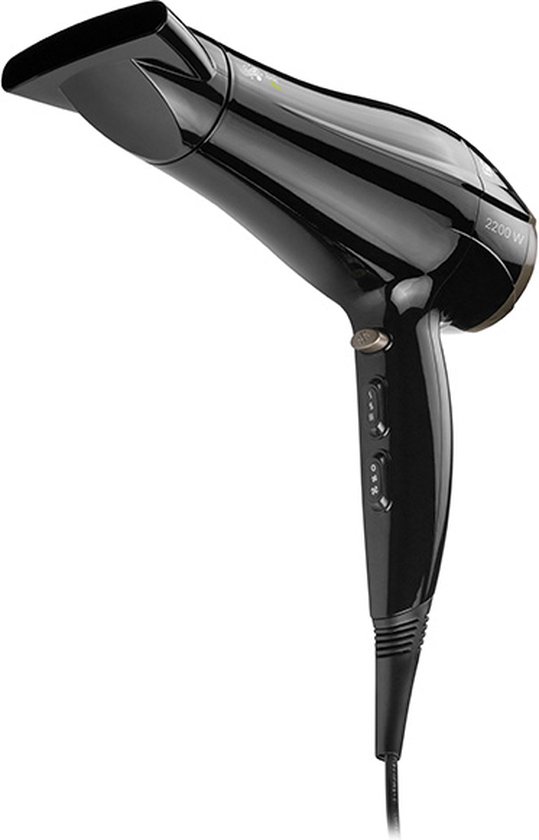 Zwarte Lafe haardroger, 2200W, met focusmond en schuin geplaatst op een witte achtergrond.