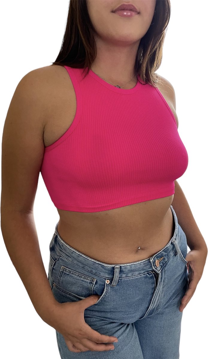 ASTRADAVI Casual Wear - Geribbelde Crop Tops Dames - Mouwloos Tanktops - Roze Fuchsia / Medium