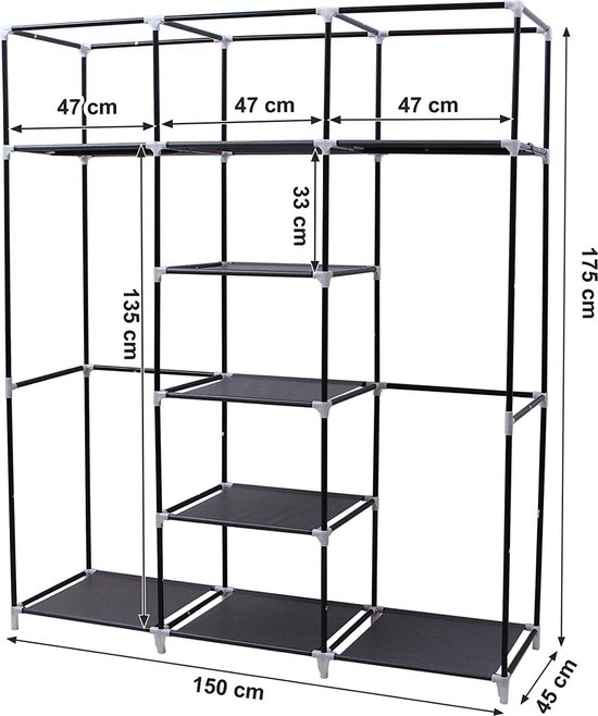 ACAZA Kledingkast - Kledingkasten Slaapkamer - Garderobekast - 175 x 150 x 45 cm - Opvouwbaar - Stof met Metaal - Stof met Metaal - Zwart