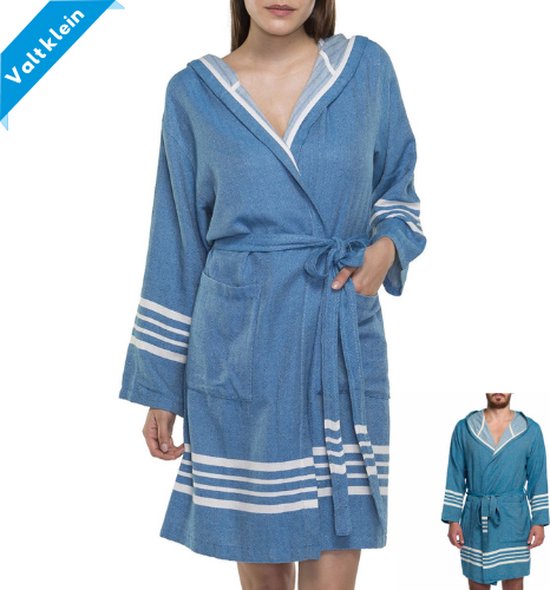 Hamam Badjas Sun Petrol Blue - M - korte sauna badjas met capuchon - ochtendjas - duster - dunne badjas - unisex - twinning