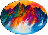 Dibond Ovaal - Waterverf Tekening van Kleurrijke Bergen onder Oranje Lucht - 28x21 cm Foto op Ovaal (Met Ophangsysteem)