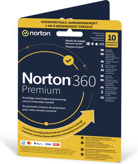Norton 360 Premium - 10 apparaten 1 jaar - 75 GB Back-up - Download