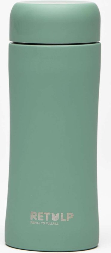 Een groene RETULP tumbler met het logo op een witte achtergrond.